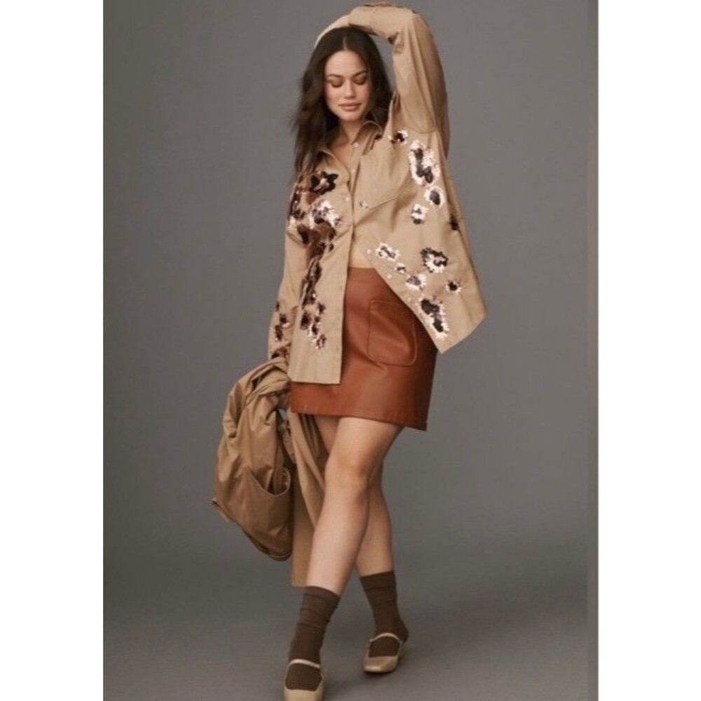 Anthropologie Maeve Bennet Tan Leopard Sequin Long Sleeve Button Down Shirt SP